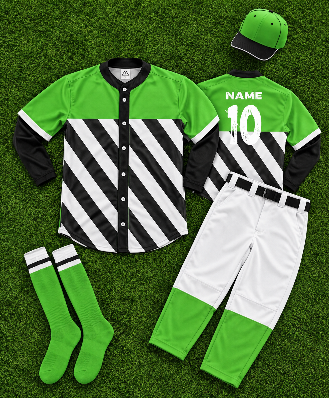 Custom Green Black White Baseball Uniform Set – NAME 10