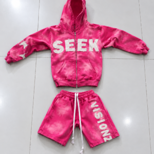 Men’s Pink Acid Wash SEEK VISIONZ Graphic Zip-Up Hoodie & Wide-Leg Sweatpants Tracksuit Set