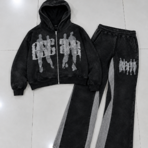 Men’s Black Washed Distressed Graphic Zip-Up Hoodie & Contrast Panel Wide-Leg Pants Tracksuit Set