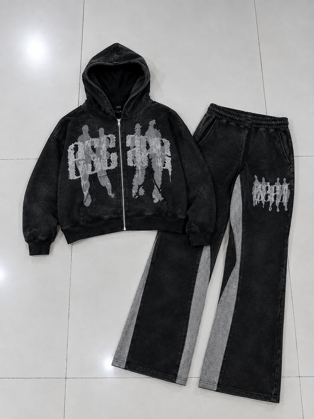 Men’s Black Washed Distressed Graphic Zip-Up Hoodie & Contrast Panel Wide-Leg Pants Tracksuit Set