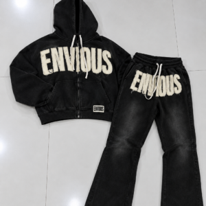 Men’s Black Washed ENVIOUS Oversized Graphic Hoodie & Wide-Leg Sweatpants 2-Piece Tracksuit Set