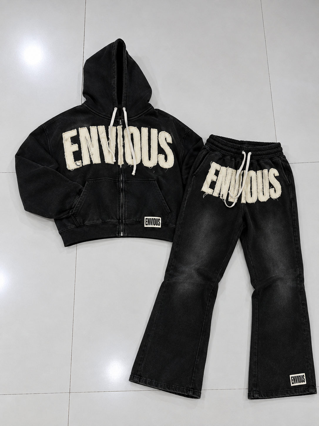 Men’s Black Washed ENVIOUS Oversized Graphic Hoodie & Wide-Leg Sweatpants 2-Piece Tracksuit Set