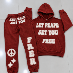 Men’s Red Washed LET PEACE SET YOU FREE Graphic Hoodie & Jogger Pants 2-Piece Tracksuit Set