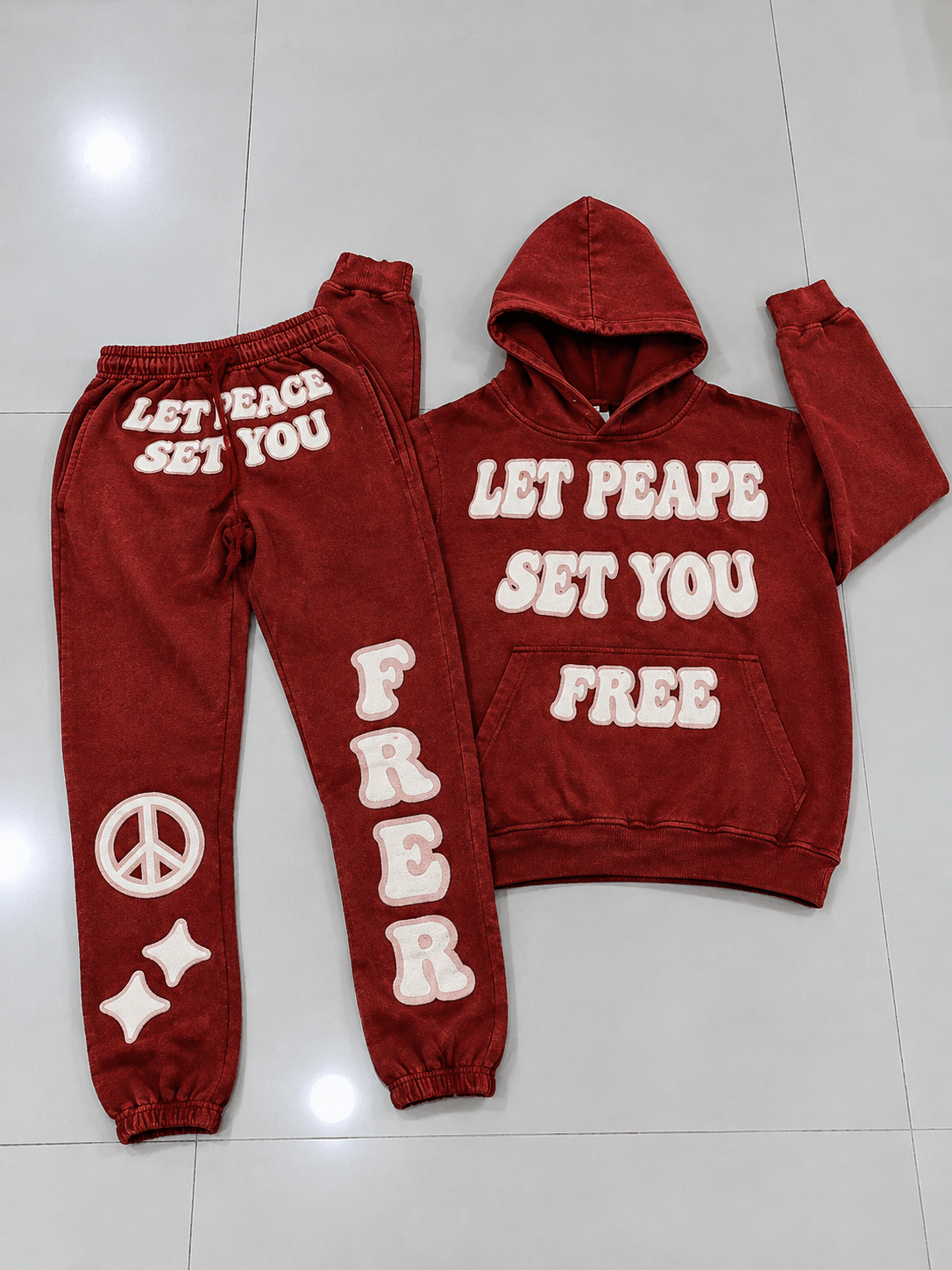 Men’s Red Washed LET PEACE SET YOU FREE Graphic Hoodie & Jogger Pants 2-Piece Tracksuit Set