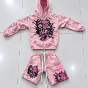 Men’s Pink Graphic Monster Print Hoodie & Sweatpants 2-Piece Streetwear Tracksuit Set