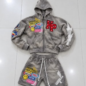 Men’s Grey Washed KINGSPLAY Graphic Zip-Up Hoodie & Shorts 2-Piece Streetwear Set