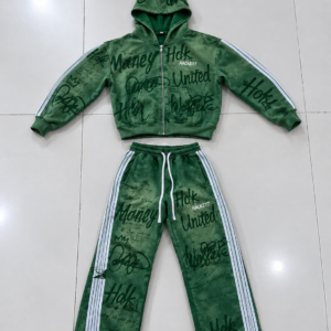 Men’s Green Washed Graffiti Print Zip-Up Hoodie & Striped Wide-Leg Sweatpants Tracksuit Set