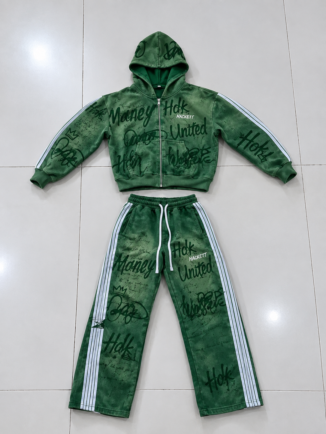 Men’s Green Washed Graffiti Print Zip-Up Hoodie & Striped Wide-Leg Sweatpants Tracksuit Set