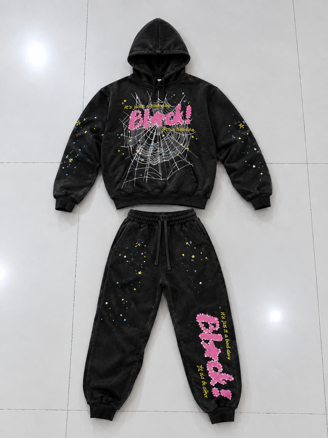 Men’s Black Spider Web Graphic Hoodie & Jogger Pants 2-Piece Streetwear Tracksuit Set