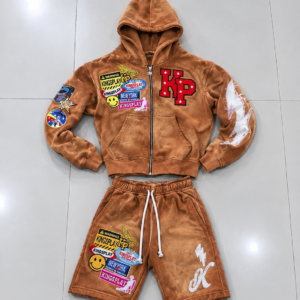 Men’s Brown Washed KINGSPLAY Graphic Zip-Up Hoodie & Shorts 2-Piece Streetwear Set