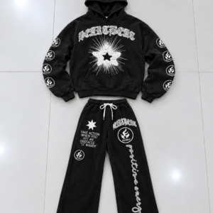 Men’s Black HEARTBREAK CLOUT Graphic Hoodie & Wide-Leg Sweatpants 2-Piece Tracksuit Set