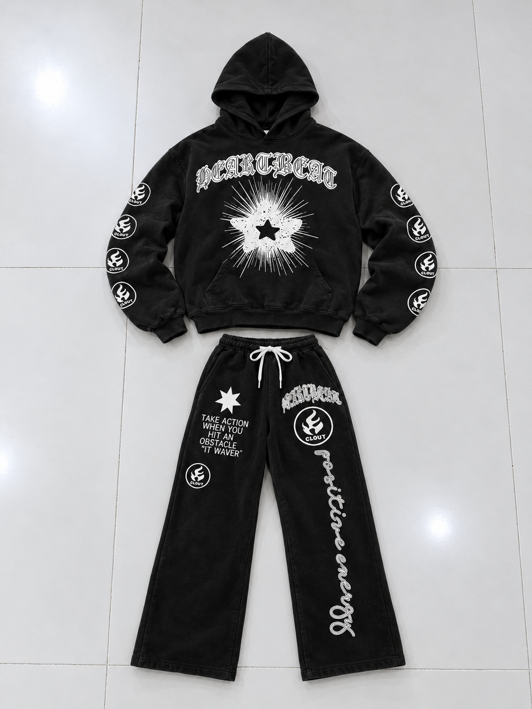 Men’s Black HEARTBREAK CLOUT Graphic Hoodie & Wide-Leg Sweatpants 2-Piece Tracksuit Set