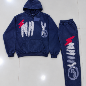 Men’s Navy Blue Graphic Hoodie & Wide-Leg Sweatpants 2-Piece Streetwear Tracksuit Set
