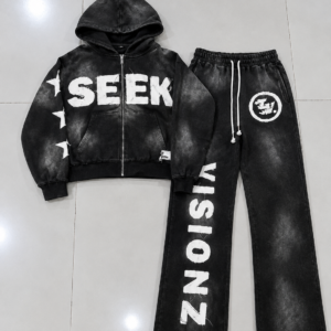 Men’s Black Washed SEEK VISIONZ Graphic Zip-Up Hoodie & Wide-Leg Sweatpants Tracksuit Set