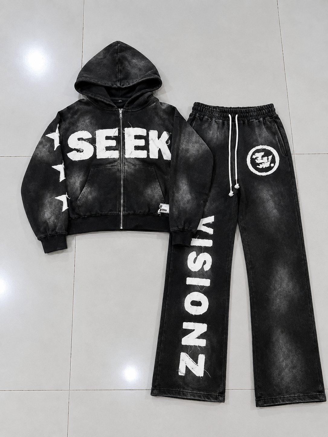 Men’s Black Washed SEEK VISIONZ Graphic Zip-Up Hoodie & Wide-Leg Sweatpants Tracksuit Set