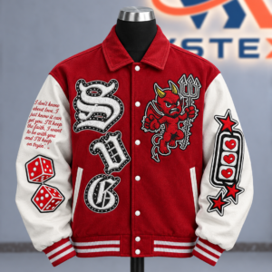 Red & White Devil Graphic Varsity Jacket