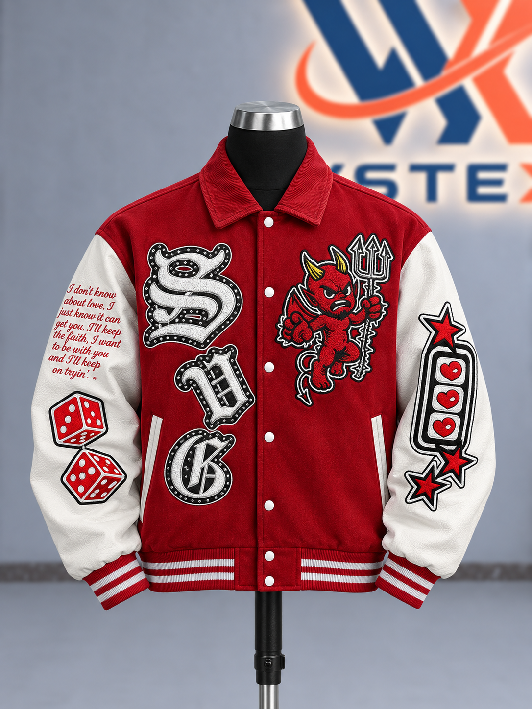 Red & White Devil Graphic Varsity Jacket