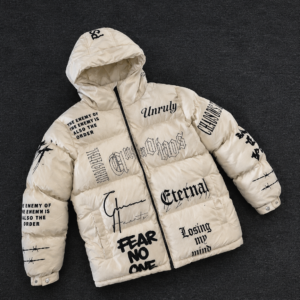 Distressed Typography Graphic Puffer Jacket – Custom Streetwear Jacket
