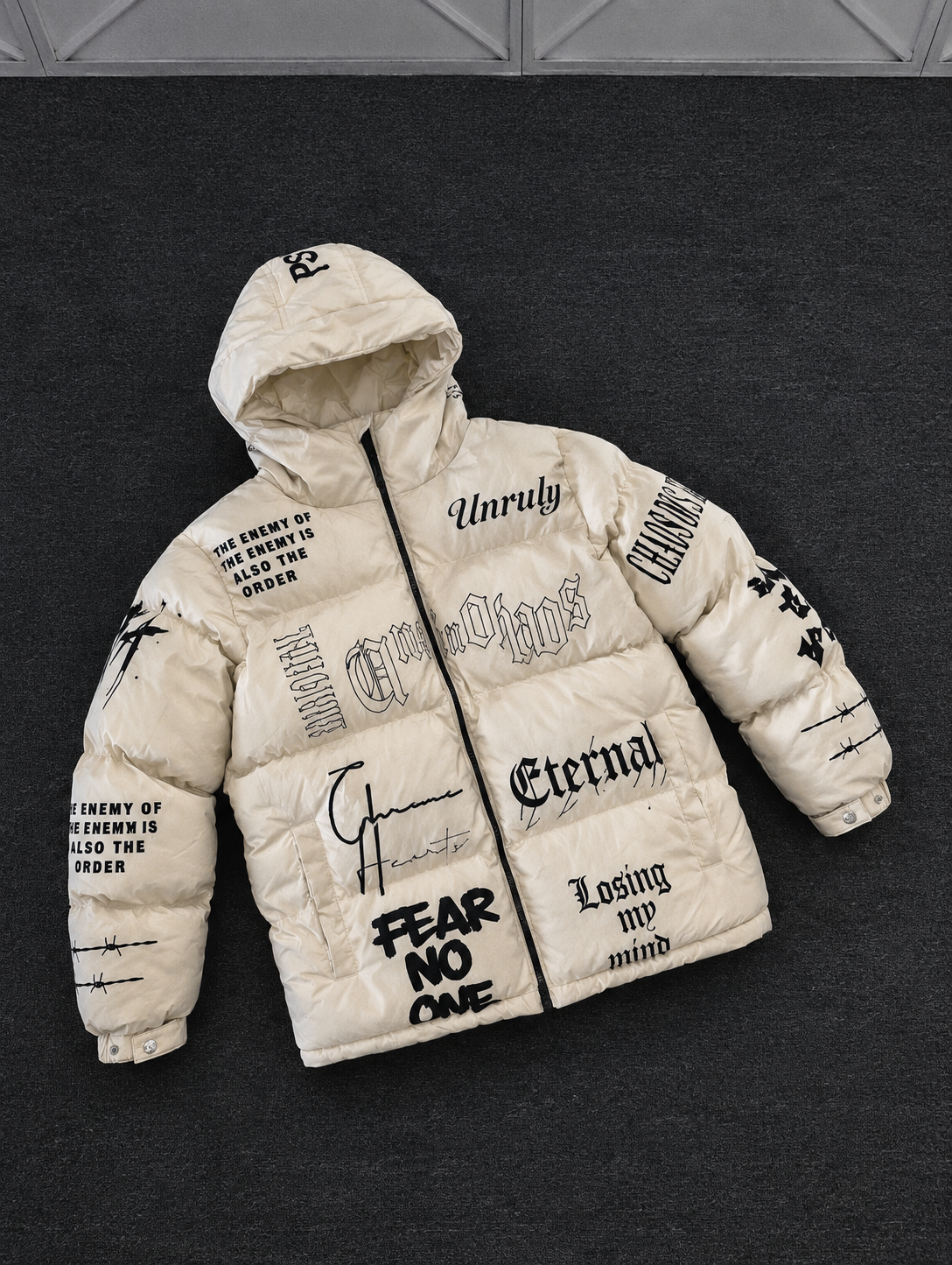 Distressed Typography Graphic Puffer Jacket – Custom Streetwear Jacket