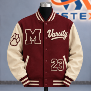 Burgundy & Cream “M Varsity 23” Letterman Jacket