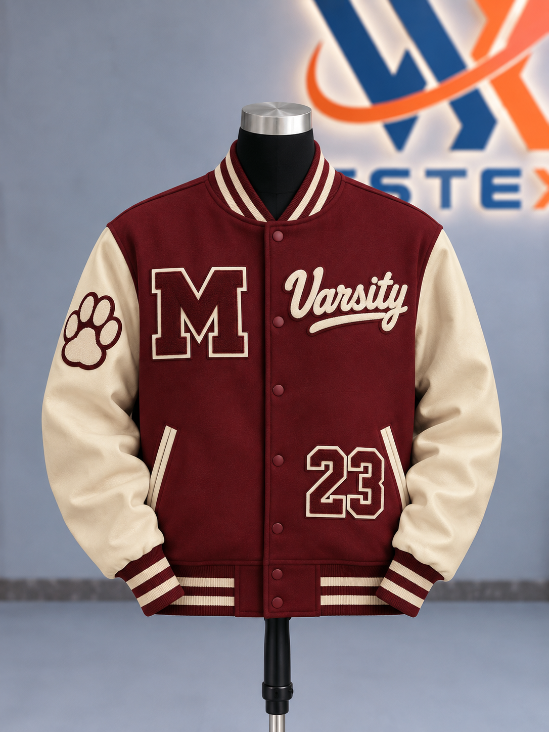 Burgundy & Cream “M Varsity 23” Letterman Jacket