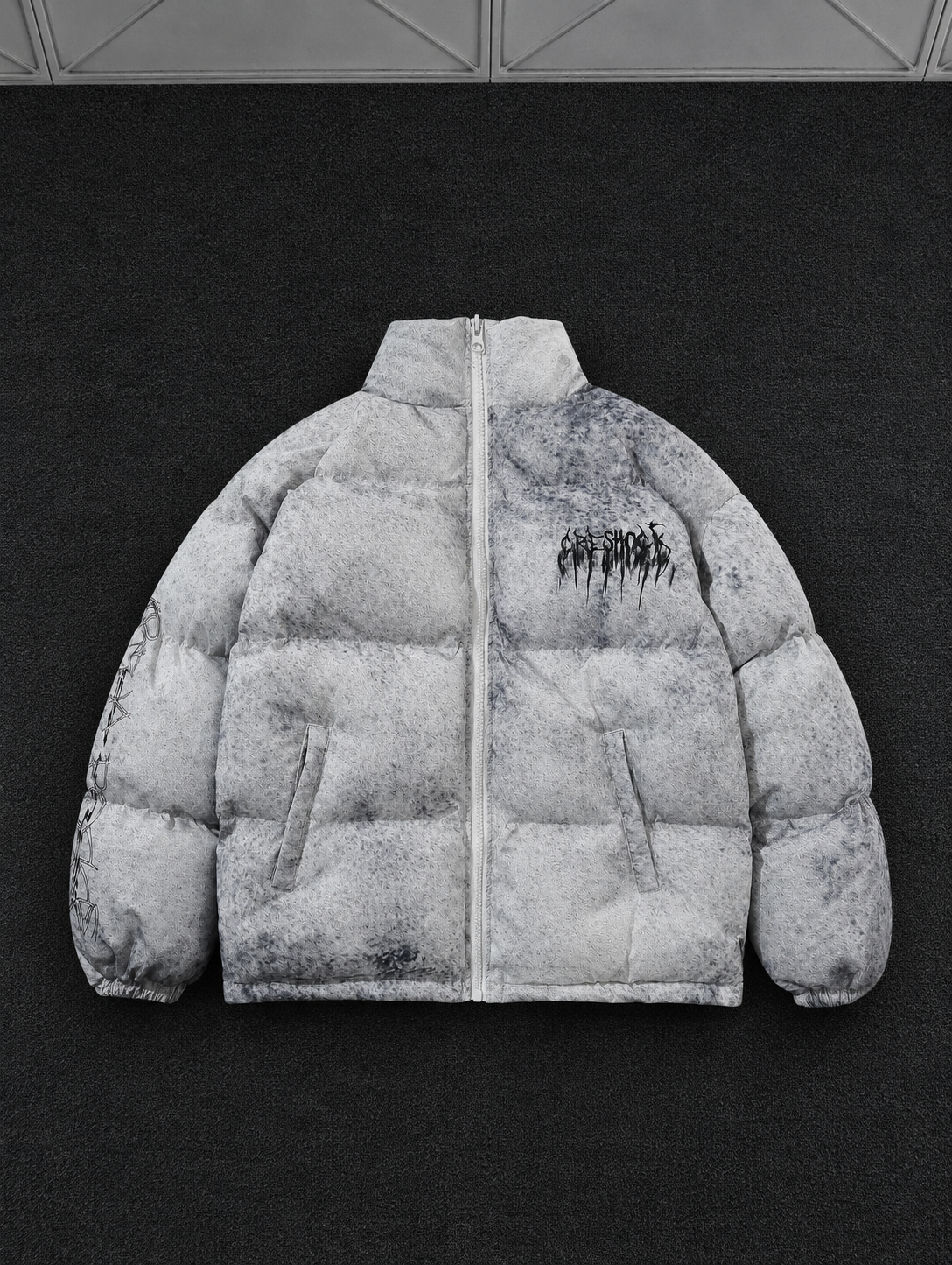 Washed Marble Effect Graphic Puffer Jacket – Custom Puffer Outerwear