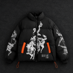 Grunge Horse Graphic Puffer Jacket – Custom Black & Orange Streetwear