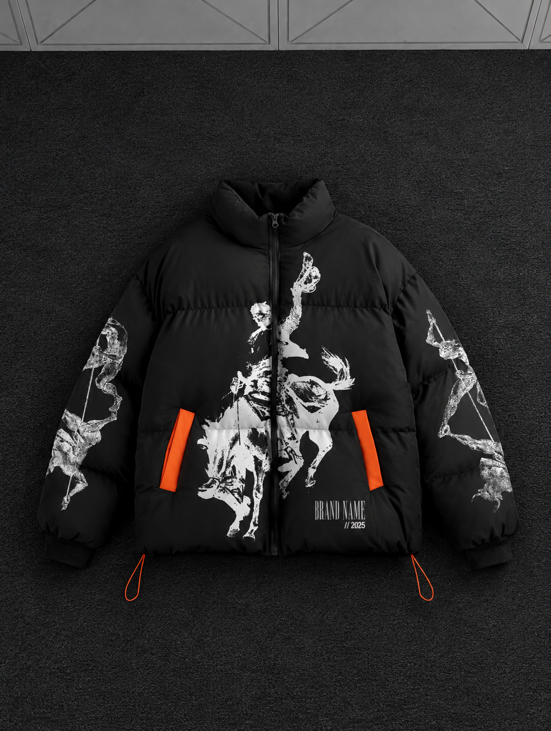 Grunge Horse Graphic Puffer Jacket – Custom Black & Orange Streetwear