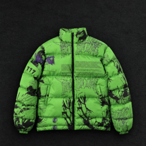 Neon Green Graffiti Graphic Puffer Jacket – Custom Streetwear Outerwear