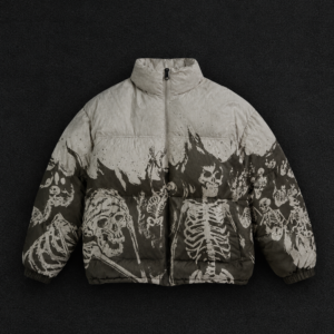 Skeleton & Skull Graphic Puffer Jacket – Custom Gothic Streetwear Outerwear