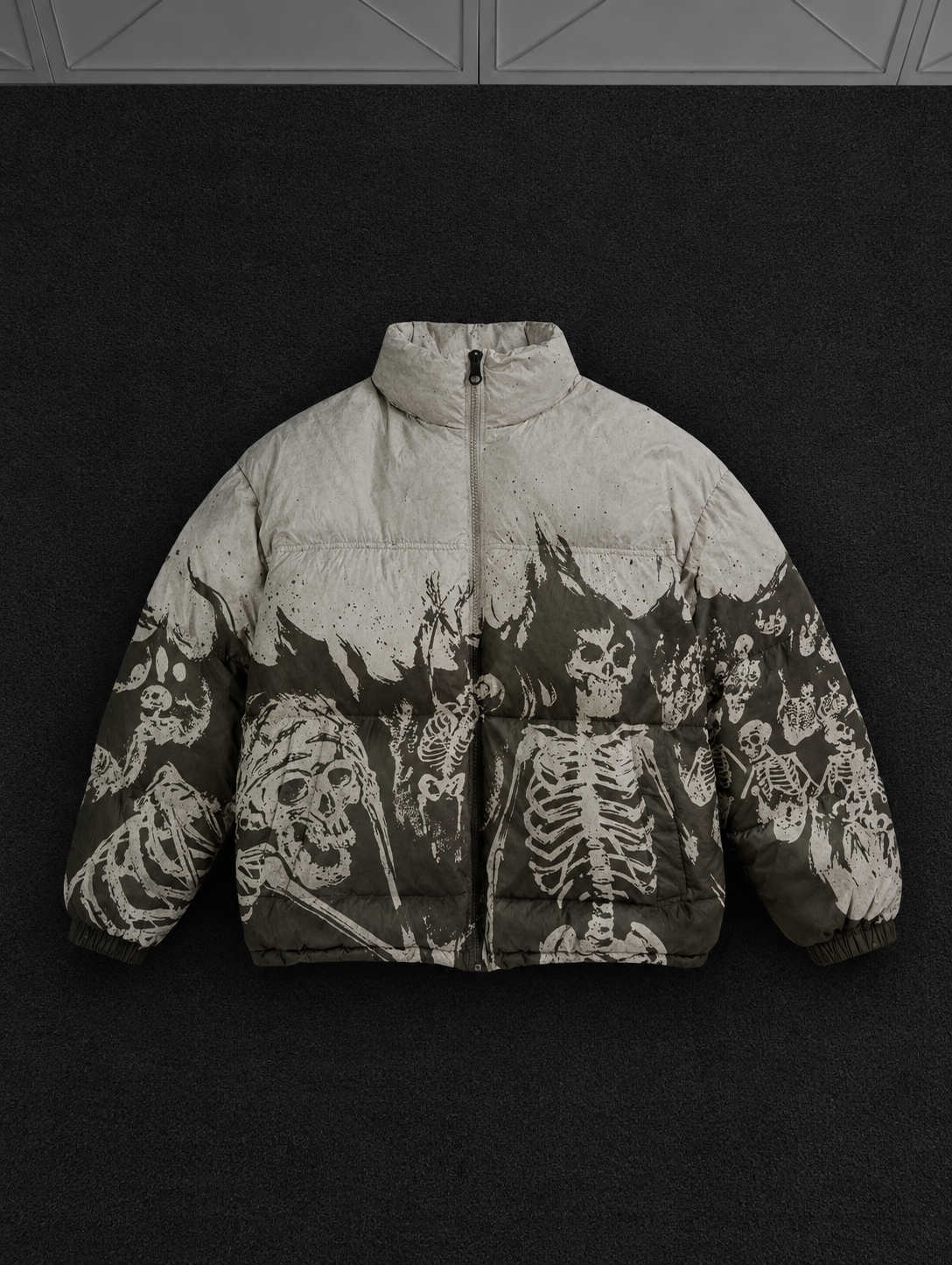 Skeleton & Skull Graphic Puffer Jacket – Custom Gothic Streetwear Outerwear