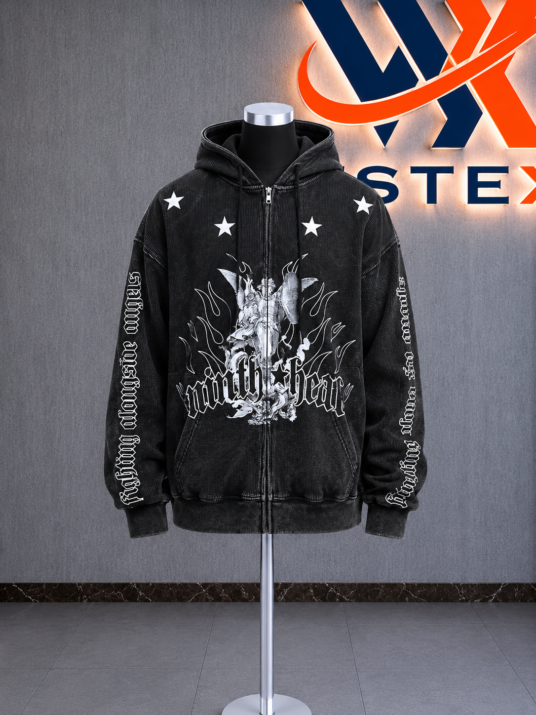 Angels Black Wash Thermal Zip Hoodie