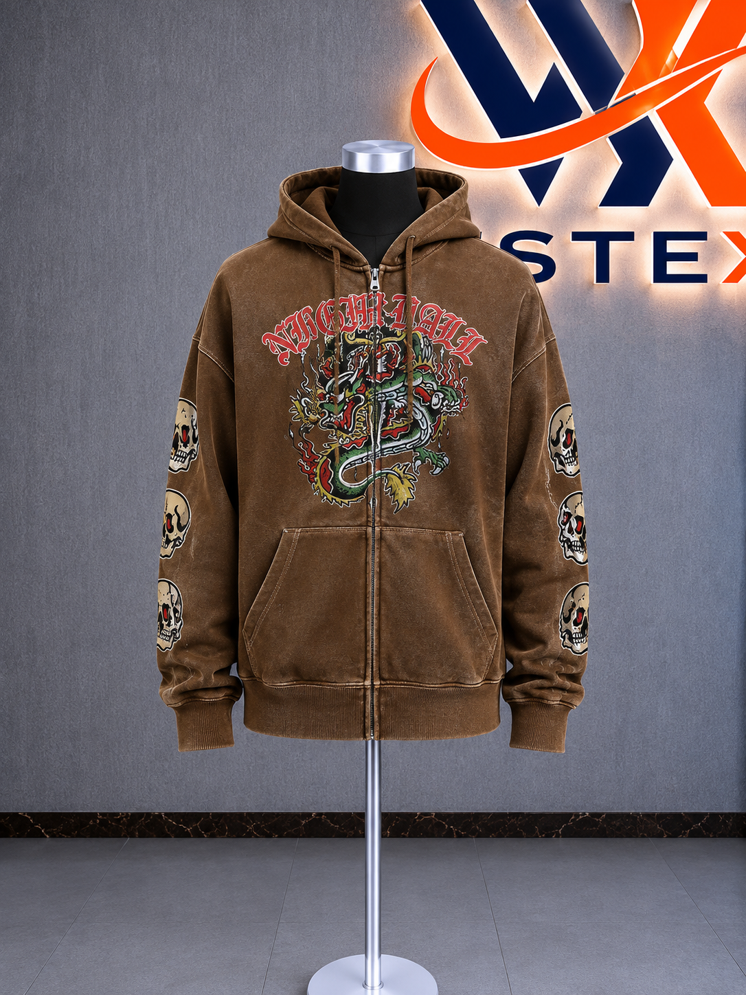 Dragon Fire Brown Wash Zip Hoodie