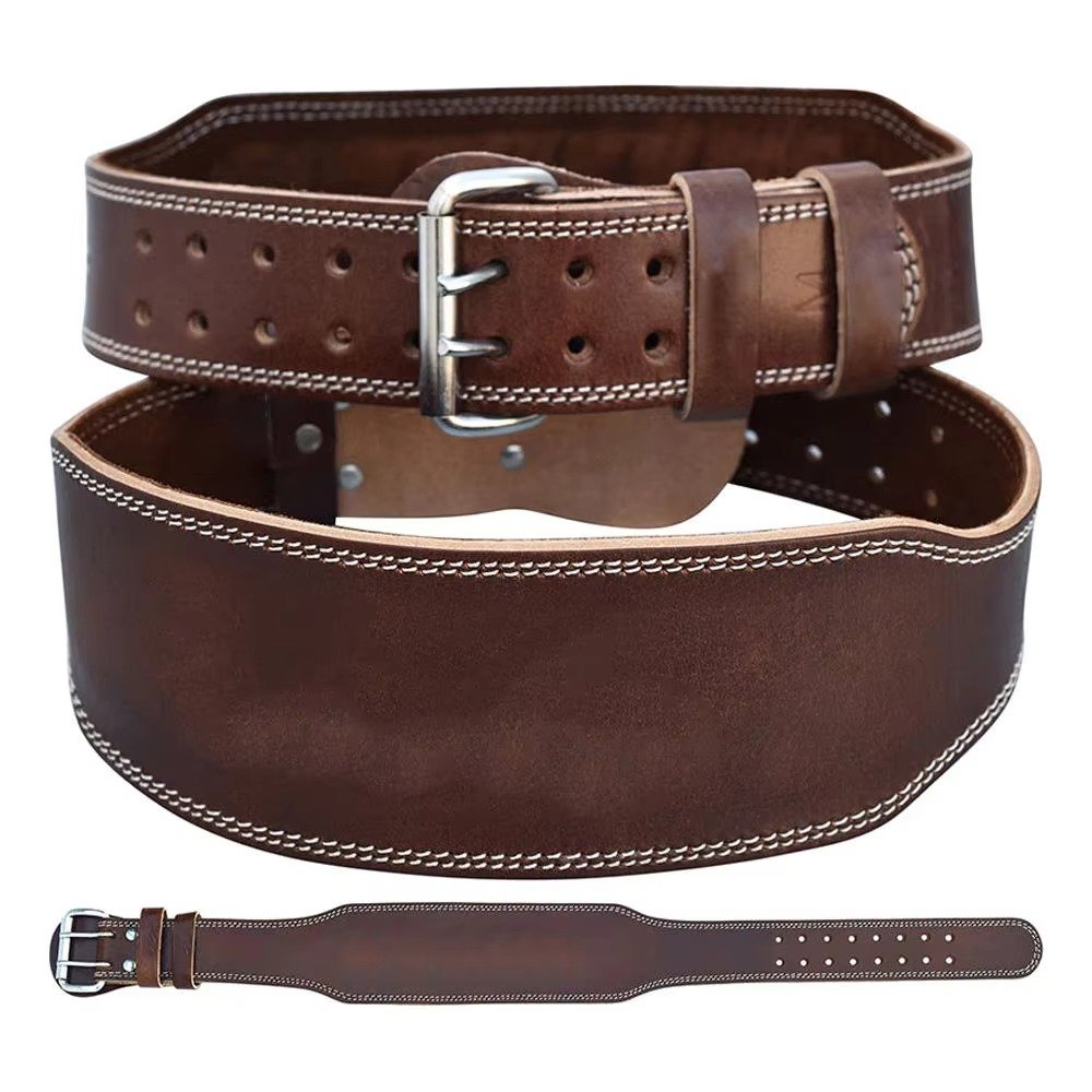 Premium Dark Brown Leather Weightlifting Belt – Contoured Lumbar Support Gym Belt with Double Prong Buckle for Bodybuilding,