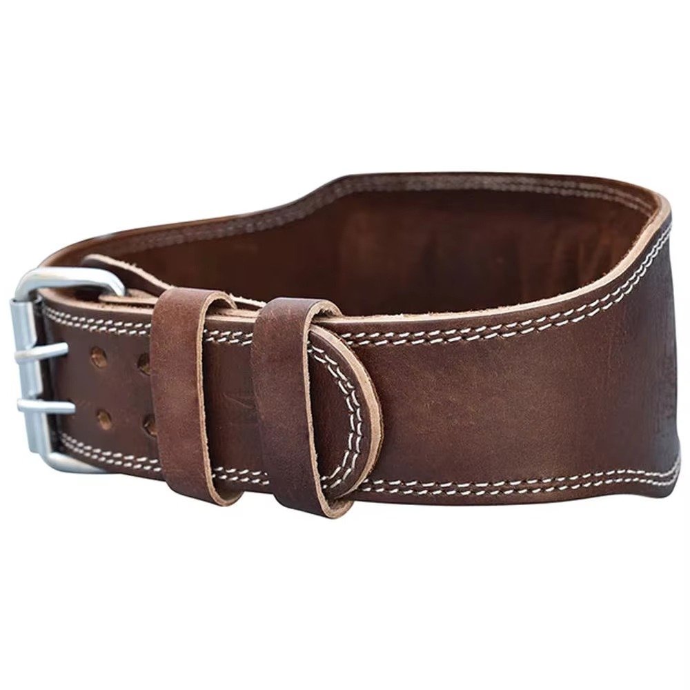 Premium Dark Brown Leather Weightlifting Belt – Contoured Lumbar Support Gym Belt with Double Prong Buckle for Bodybuilding,